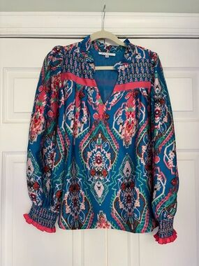 Joy Joy Teal Paisley Long-Sleeve Blouse with Pink Trim